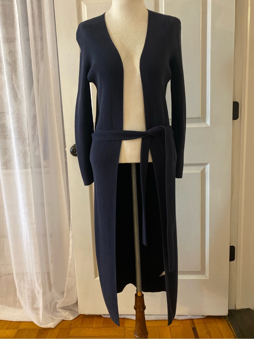 Long Cardigan Sweater Navy Ribbed Belted Cotton Size XS Classic Timeless Staple
